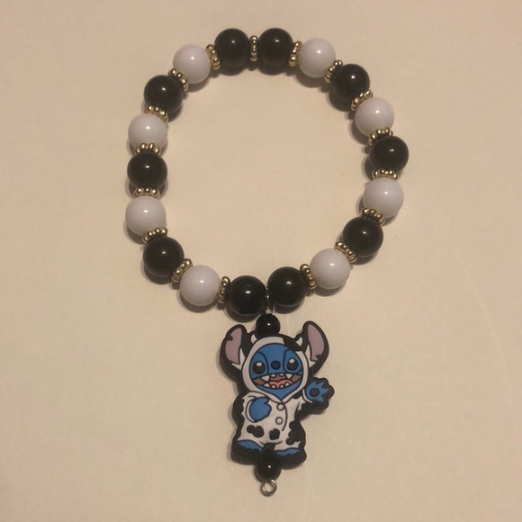 Stitch Blue Alien Stitch Cow With Costume Black And White Beaded Bracelet - Picture 4 of 11